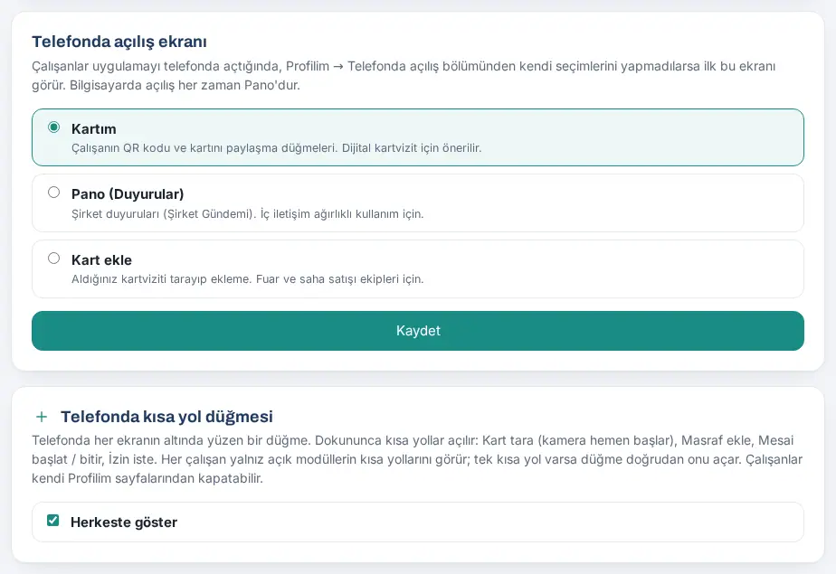 Telefonda açılış ekranı ve Telefonda kısa yol düğmesi ayarları