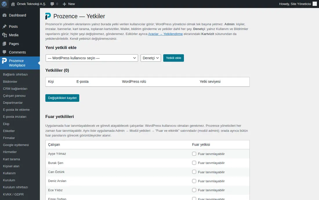 WordPress Yetkiler ekranı: Yeni yetkili ekle