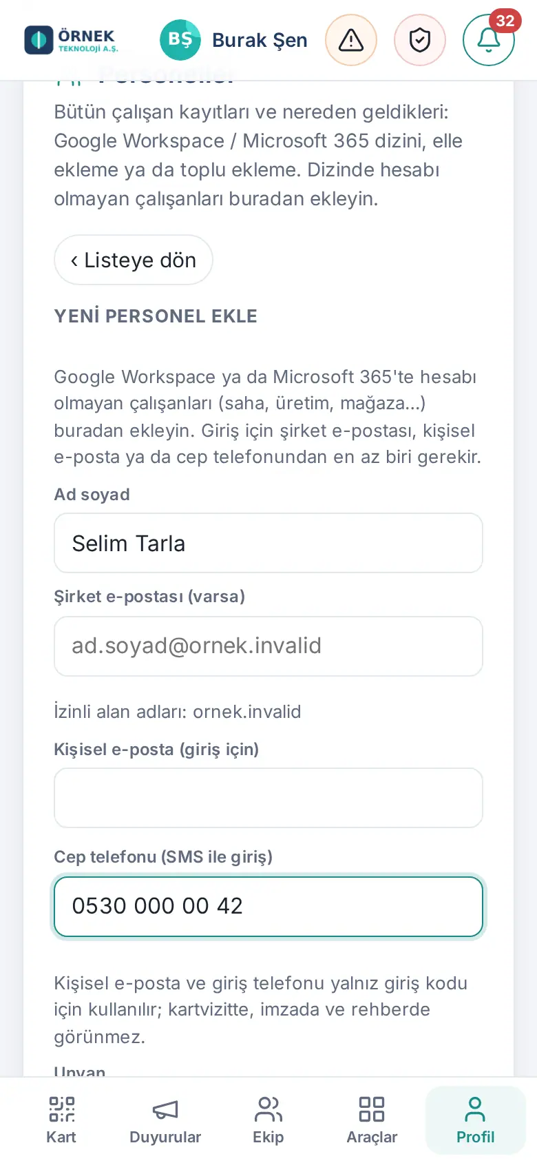 Telefonda Yeni personel ekle formu