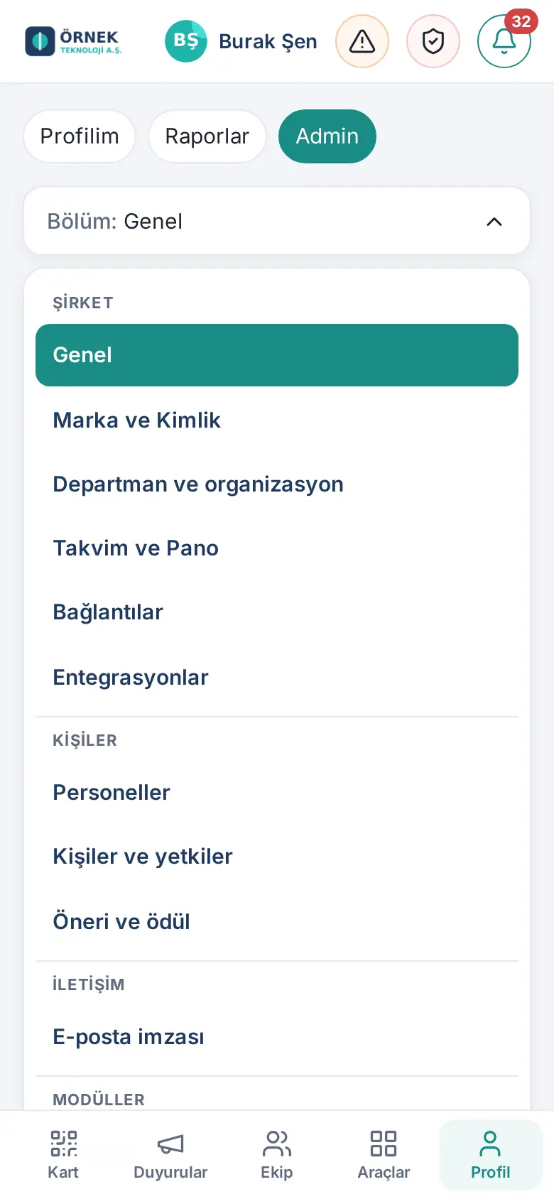 Telefonda Bölüm seçici açık: Şirket, Kişiler, İletişim, Modüller grupları