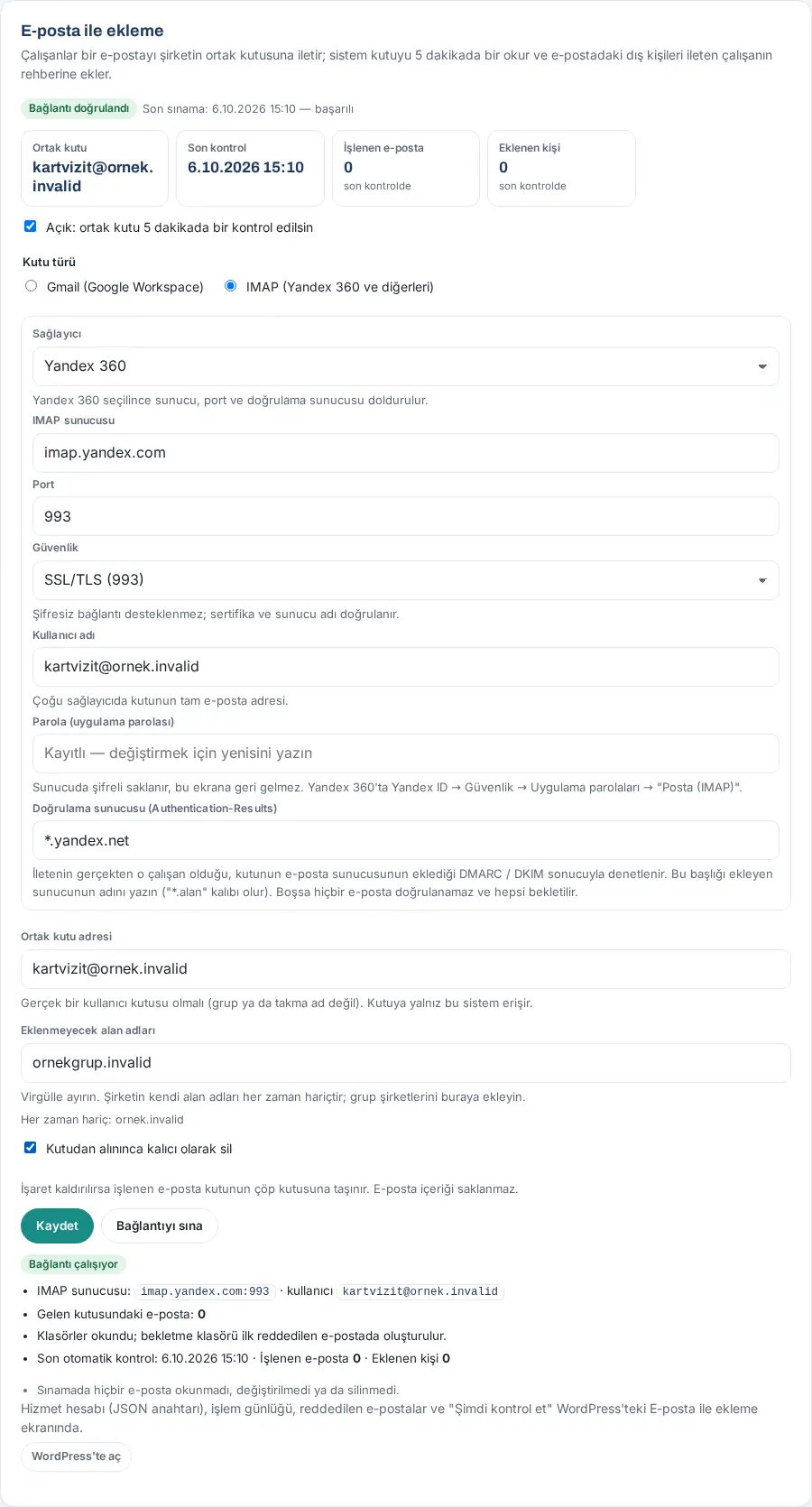 IMAP kutusu: Yandex 360 sağlayıcısı, sunucu, uygulama parolası, doğrulama sunucusu ve Bağlantı çalışıyor sonucu