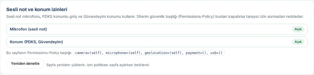 İzinler açık: Mikrofon ve Konum Açık