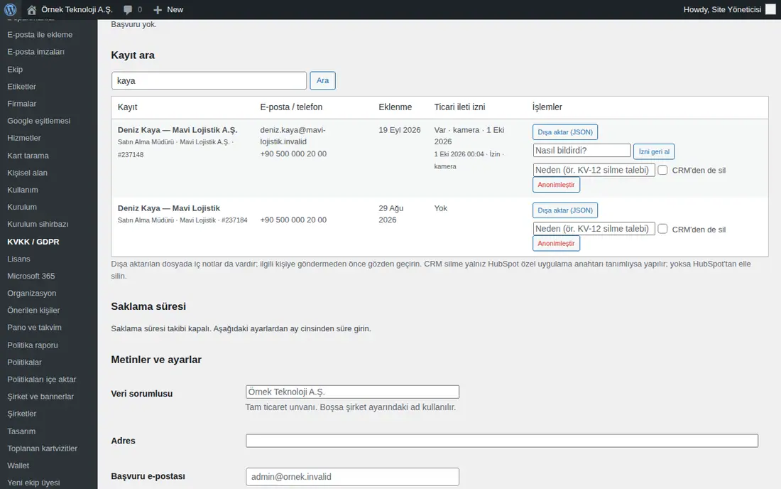 KVKK / GDPR: Kayıt ara, Ticari ileti izni sütunu, İzni geri al, Dışa aktar (JSON), Anonimleştir
