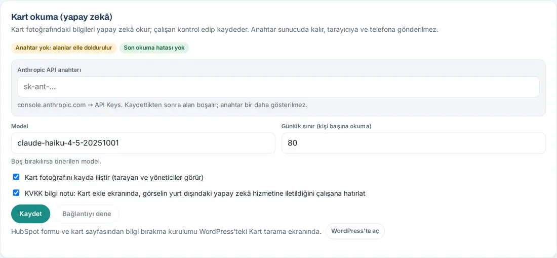 Kart okuma (yapay zekâ): anahtar, model, günlük sınır, kart fotoğrafı ve KVKK bilgi notu
