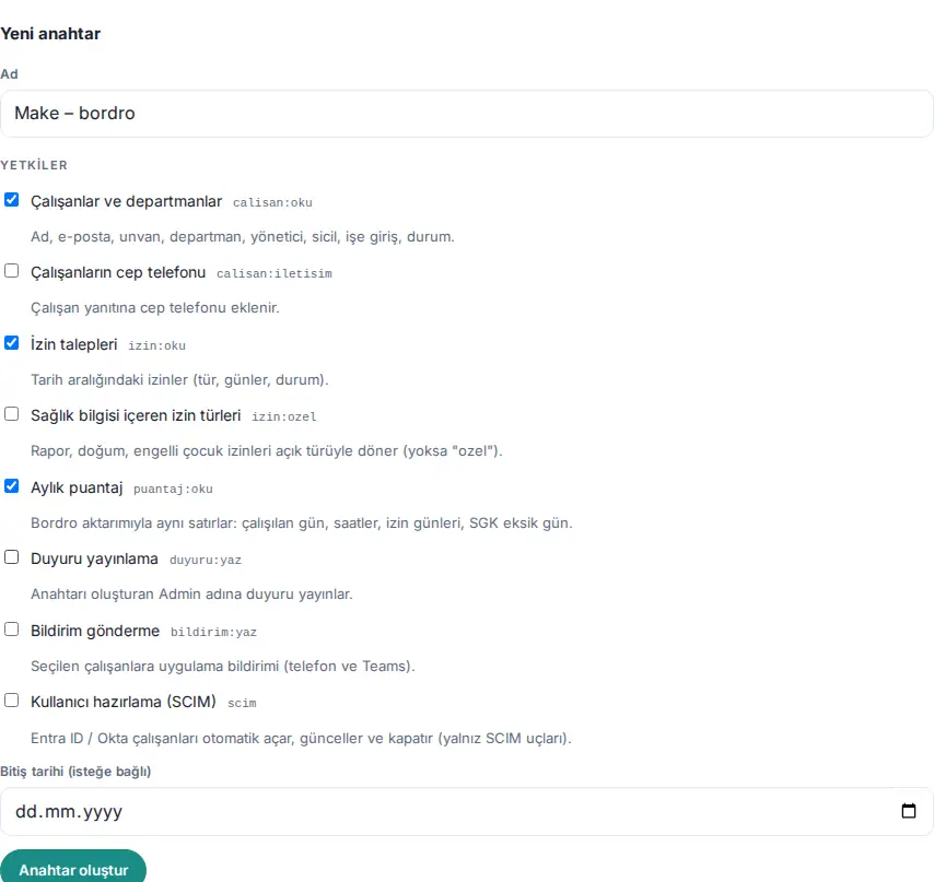 Yeni anahtar formu: ad, yetkiler ve bitiş tarihi