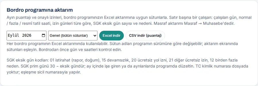 Bordro programına aktarım: ay, program, Excel ve CSV indirme