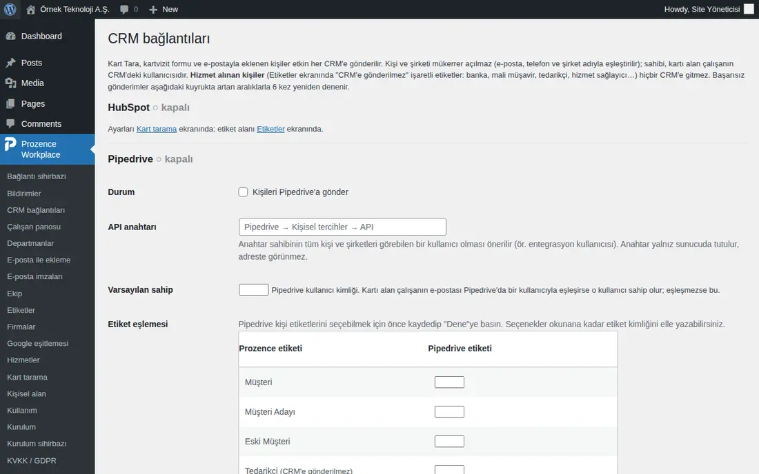 CRM bağlantıları: HubSpot ve Pipedrive bölümleri