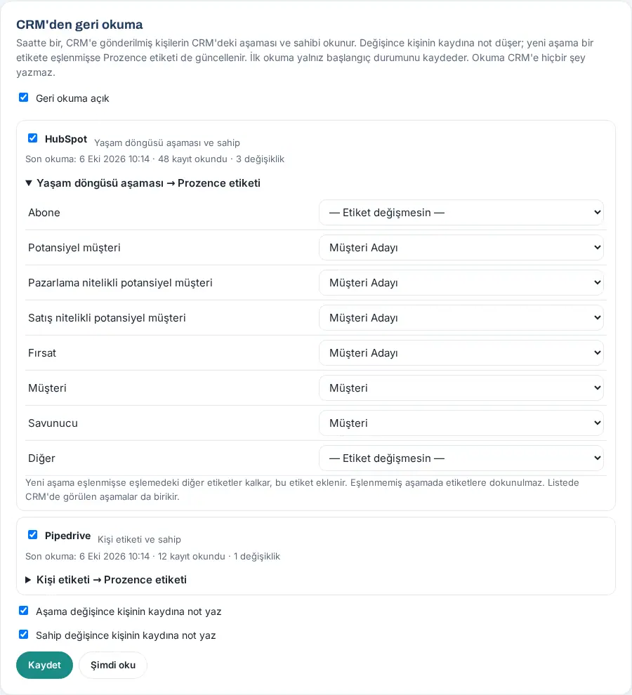 CRM'den geri okuma: HubSpot ve Pipedrive işaretli, yaşam döngüsü aşaması → Prozence etiketi eşlemesi ve son okuma satırları