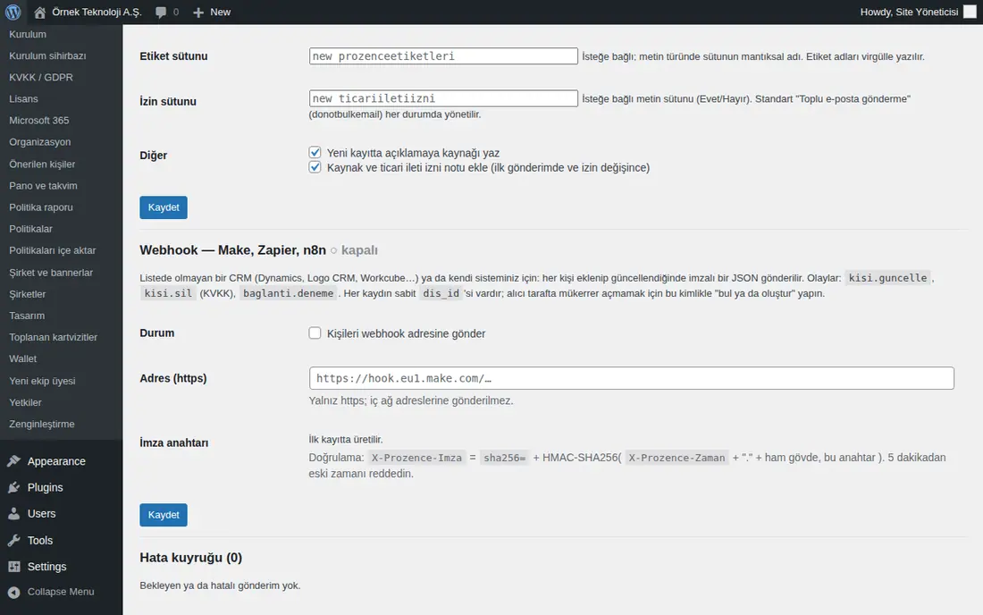 Webhook bölümü ve Hata kuyruğu