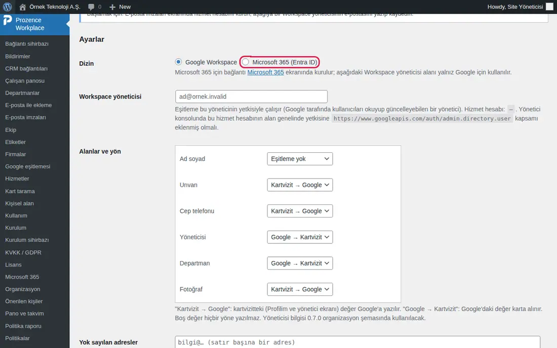 Dizin seçimi: Microsoft 365 (Entra ID)