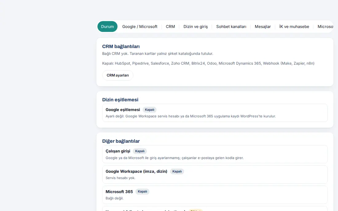 Entegrasyonlar → Durum: CRM bağlantıları, dizin eşitlemesi ve diğer bağlantılar (deneme sitesinde bağlı değil)