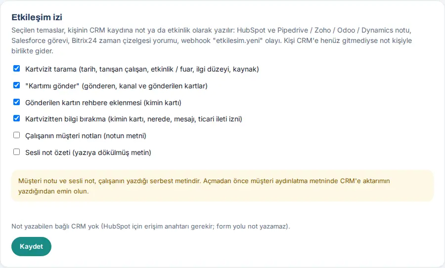 Etkileşim izi: altı temas türü ve KVKK uyarısı