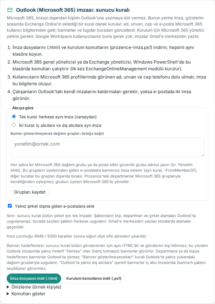 Outlook (Microsoft 365) imzası: sunucu kuralı ayarları ve indirme düğmeleri