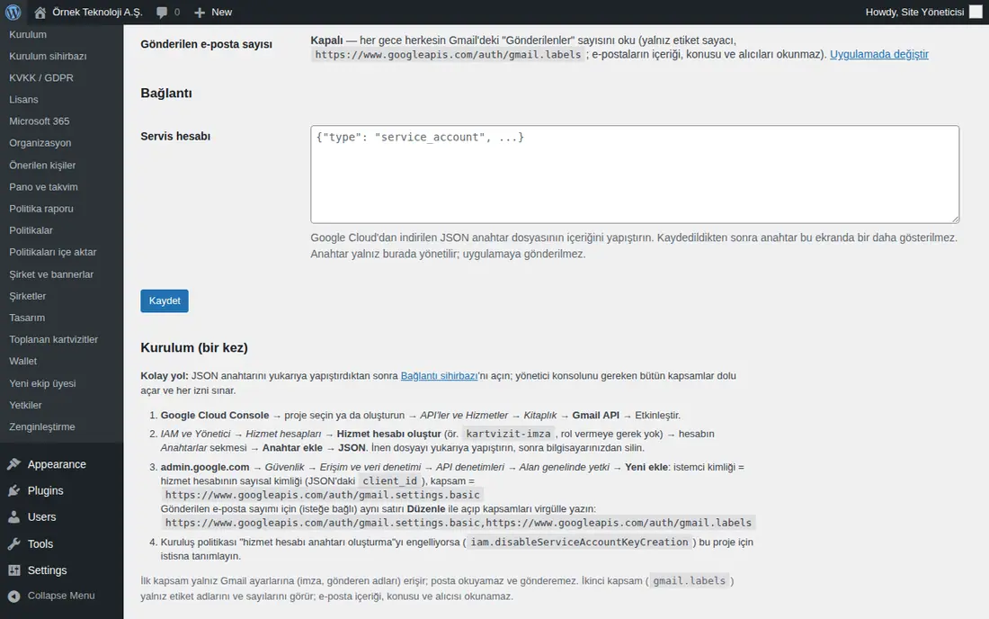 WordPress E-posta imzaları: Servis hesabı kutusu ve Kurulum (bir kez) adımları