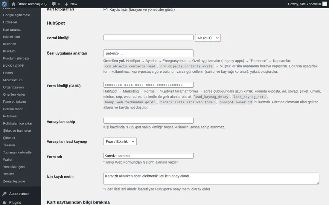 WordPress Kart tarama ekranında HubSpot bölümü
