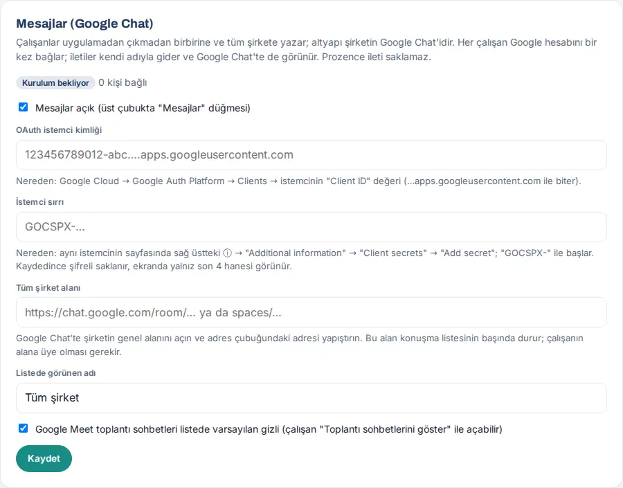 Mesajlar (Google Chat) ayarları: kurulum bekliyor