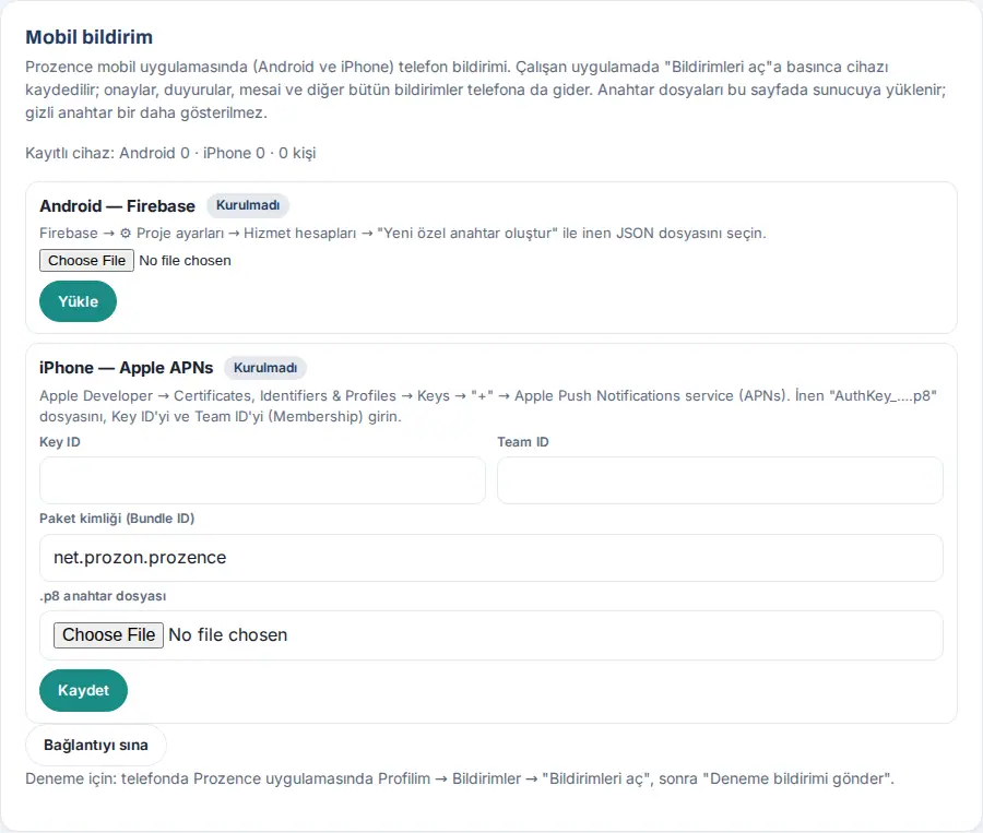 Mobil bildirim: Android — Firebase ve iPhone — Apple APNs (kurulmamış)