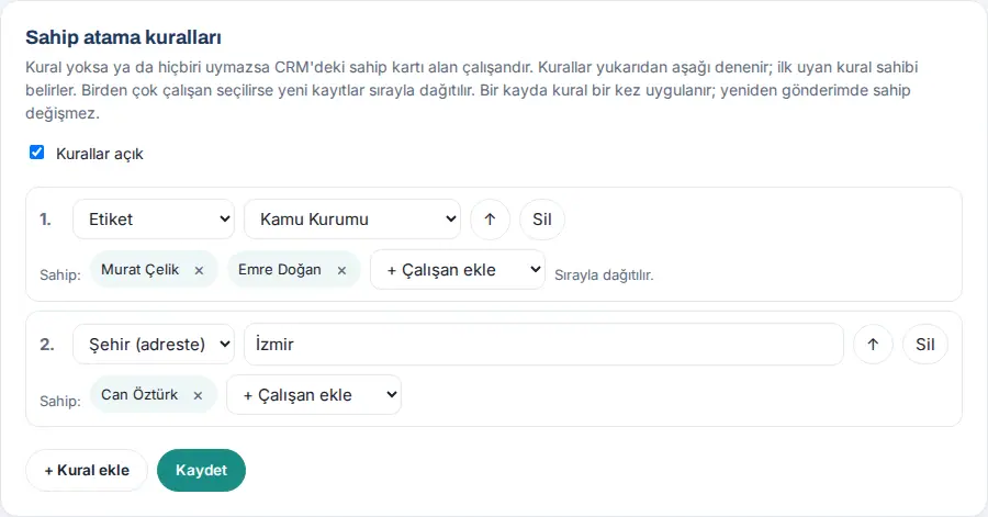 Sahip atama kuralları: etikete göre iki çalışan sırayla, şehre göre bir çalışan