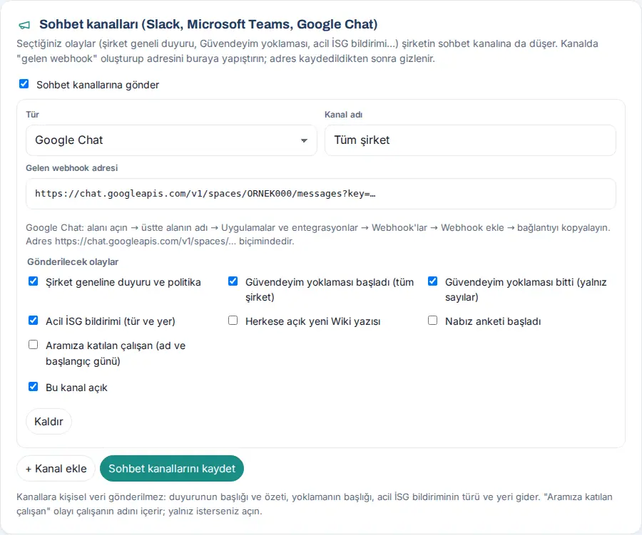 Sohbet kanalları: Google Chat türünde kanal, kurgusal webhook adresi ve olaylar