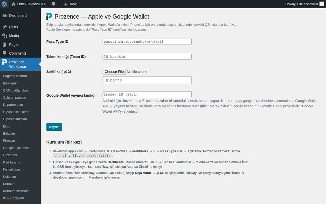Apple ve Google Wallet ekranı (sertifika yüklenmemiş)