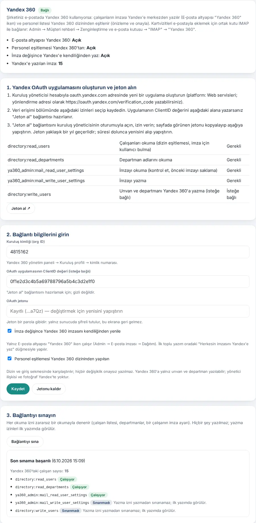 Yandex 360: OAuth izinleri, bağlantı bilgileri ve başarılı sınama
