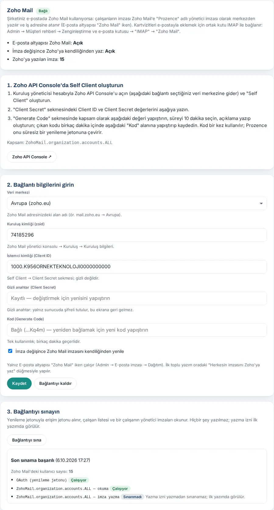 Zoho Mail: Self Client adımları, bağlantı bilgileri ve başarılı sınama
