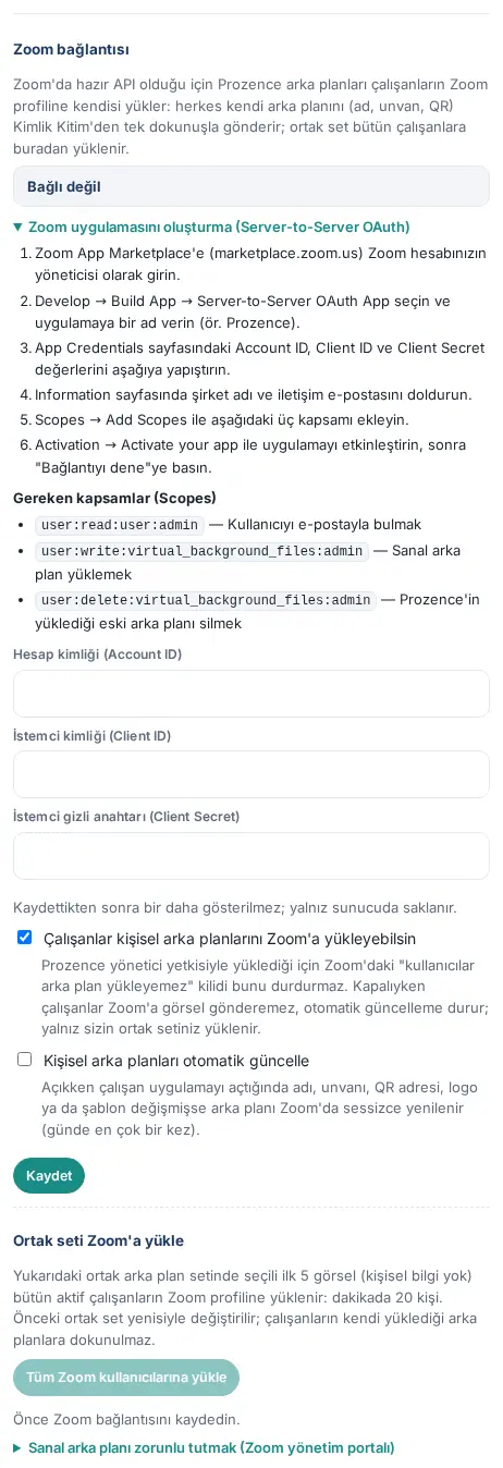 Zoom bağlantısı: kurulum adımları, kapsamlar ve bağlantı alanları (bağlı değil)