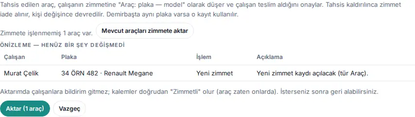 Mevcut araçları zimmete aktar: önizleme tablosu, Aktar ve Vazgeç