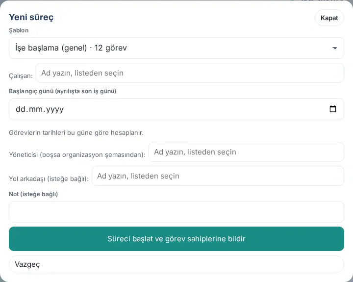 Yeni süreç formu