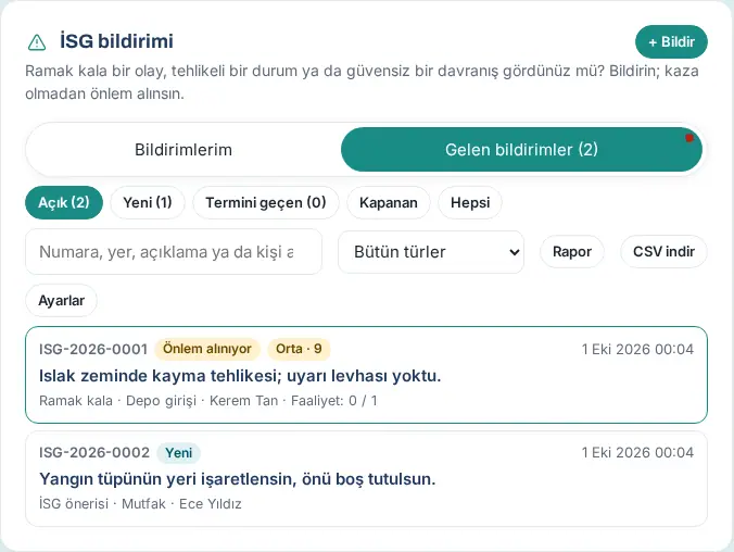 Gelen bildirimler: süzgeçler, Rapor, CSV indir ve Ayarlar