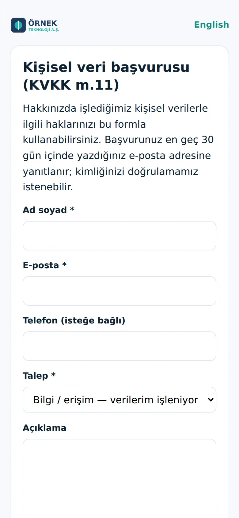 Başvuranın gördüğü Kişisel veri başvurusu formu