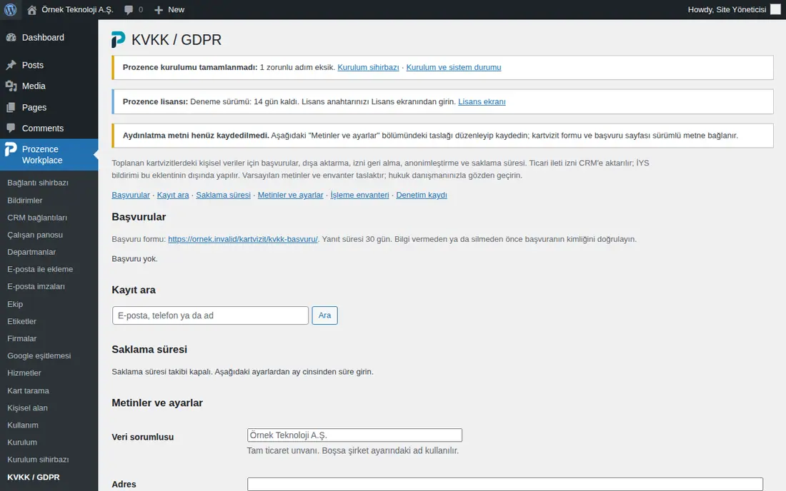 KVKK / GDPR ekranı: bölüm bağlantıları, Başvurular, Kayıt ara ve Metinler ve ayarlar