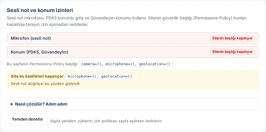 Sesli not ve konum izinleri: Sitenin başlığı kapatıyor
