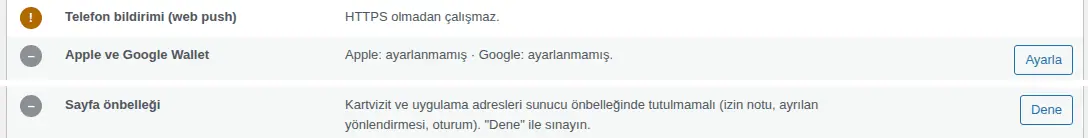 Kurulum ekranı: Telefon bildirimi, Wallet ve Sayfa önbelleği satırları