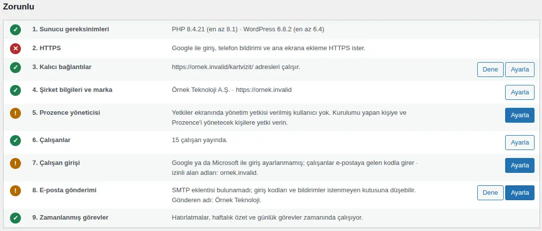 Kurulum ekranı: HTTPS, çalışan girişi ve e-posta gönderimi satırları