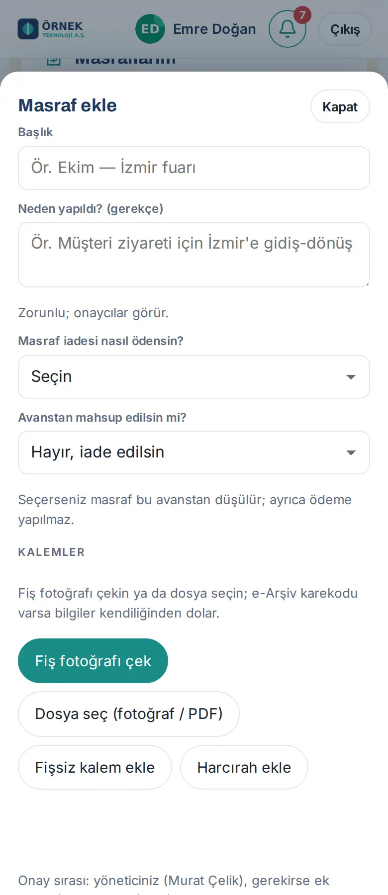 Masraf ekle: Avanstan mahsup edilsin mi? seçimi