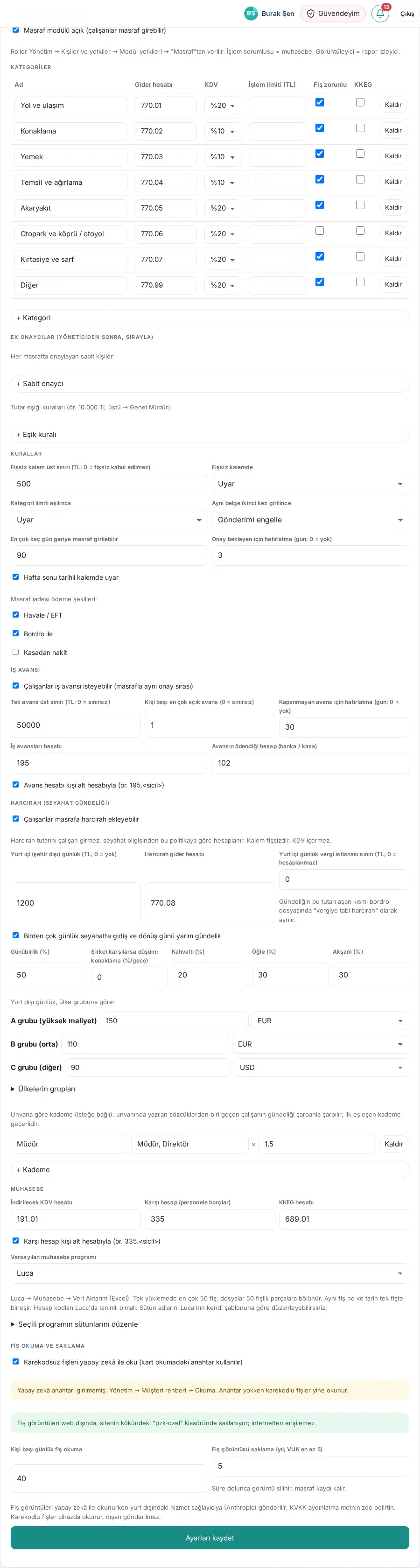 Masraf ayarları ekranı