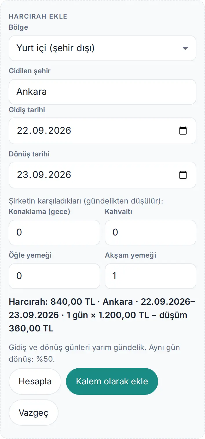 Harcırah ekle: bölge, şehir, tarihler, şirketin karşıladıkları ve hesap sonucu