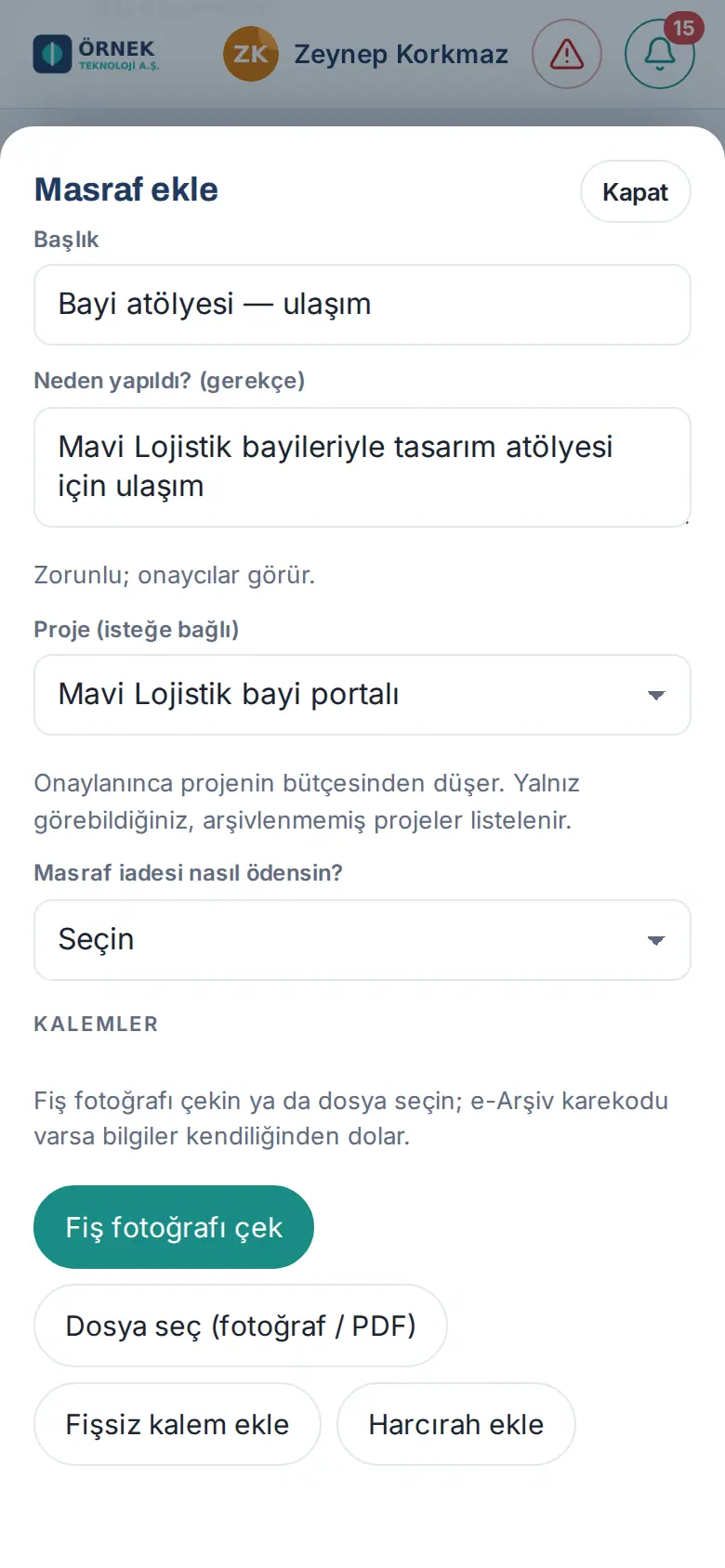 Masraf ekle: Proje (isteğe bağlı) listesinde seçilmiş proje