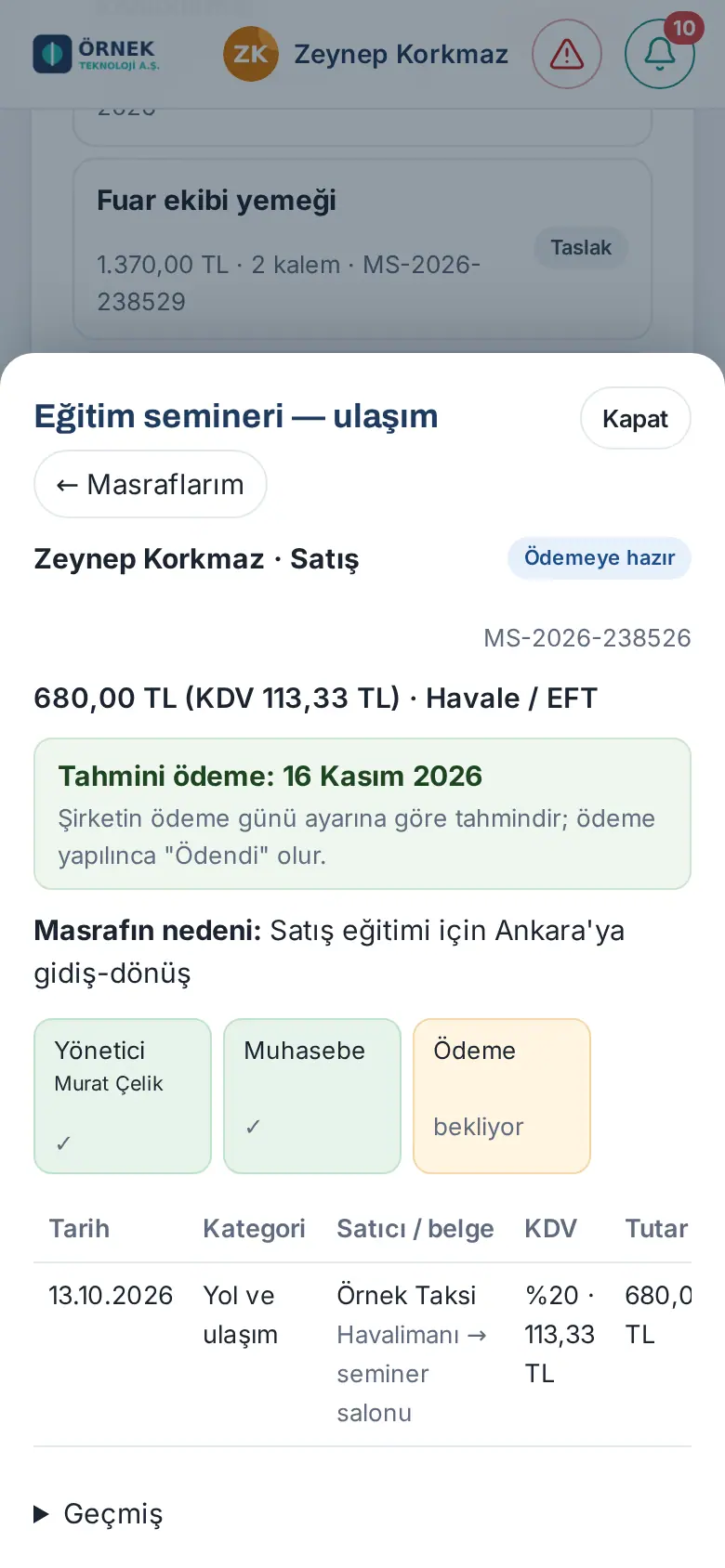 Ödemeye hazır masraf: Tahmini ödeme: 16 Kasım 2026 kutusu ve onay adımları