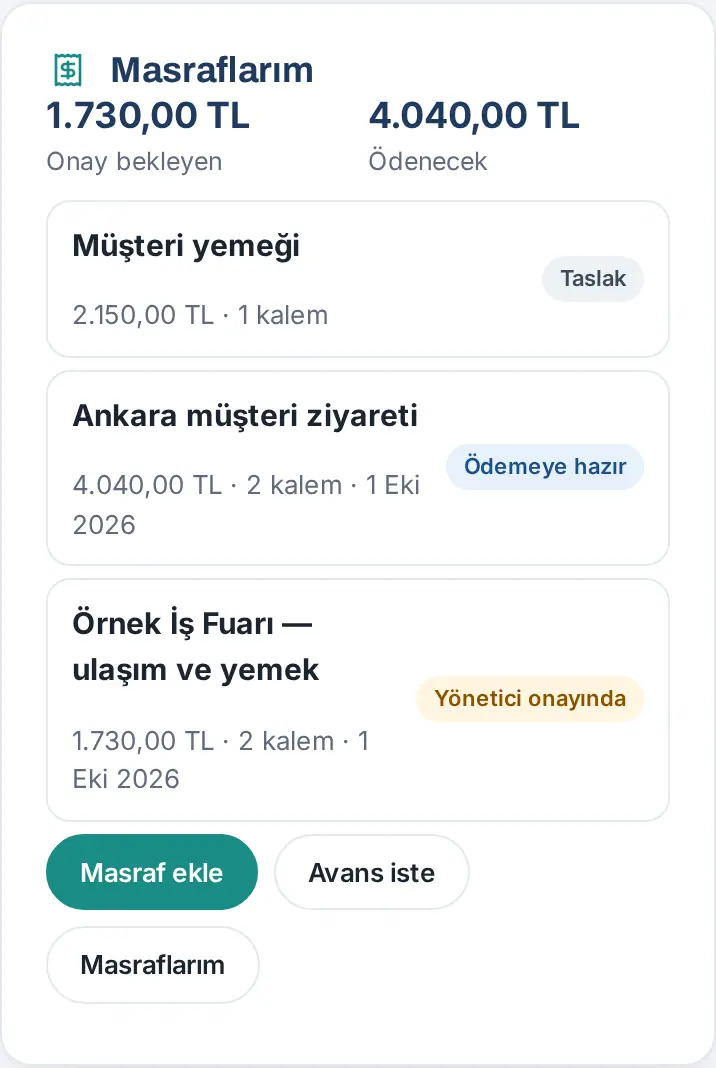 Pano'da Masraflarım kutusu: onay bekleyen ve ödenecek toplamlar, son masraflar