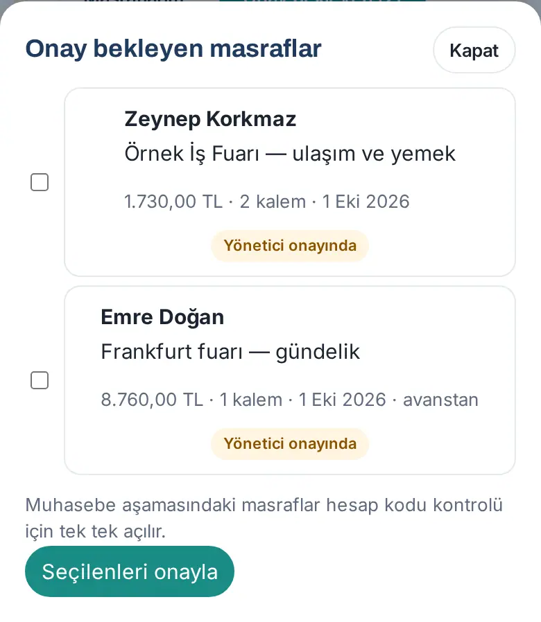Onay bekleyen masraflar listesi