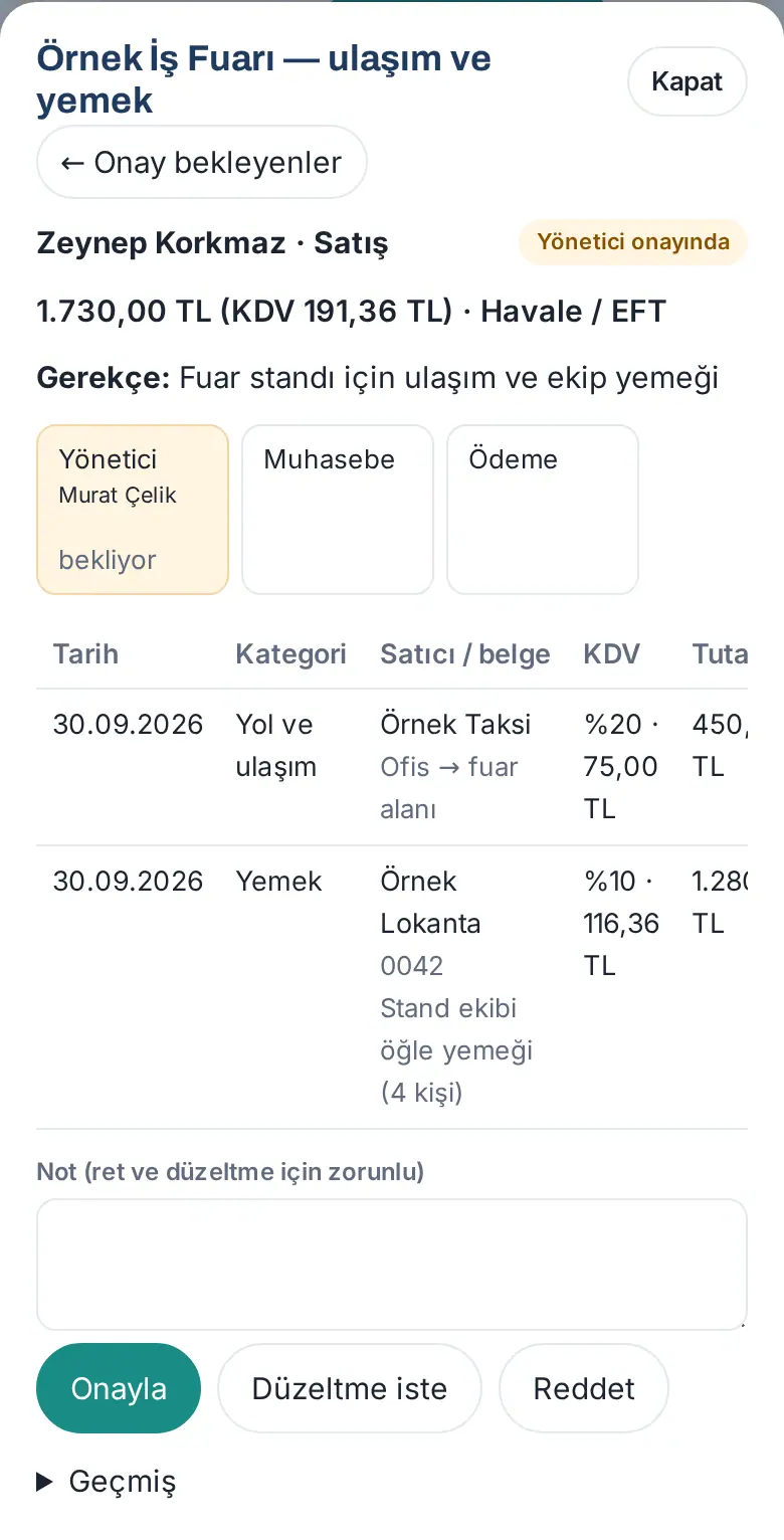 Masraf ayrıntısında Onayla, Düzeltme iste ve Reddet