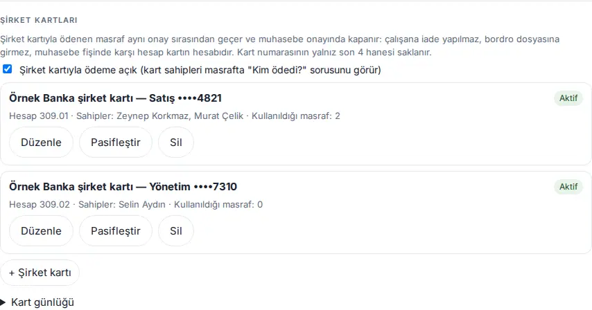 Şirket kartları: Şirket kartıyla ödeme açık kutusu, iki kart (Aktif), Düzenle, Pasifleştir, Sil, + Şirket kartı ve Kart günlüğü