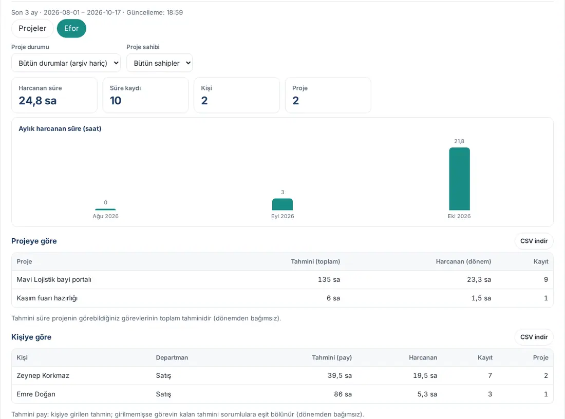 Efor alt sekmesi: harcanan süre kutuları, aylık grafik, Projeye göre ve Kişiye göre tabloları