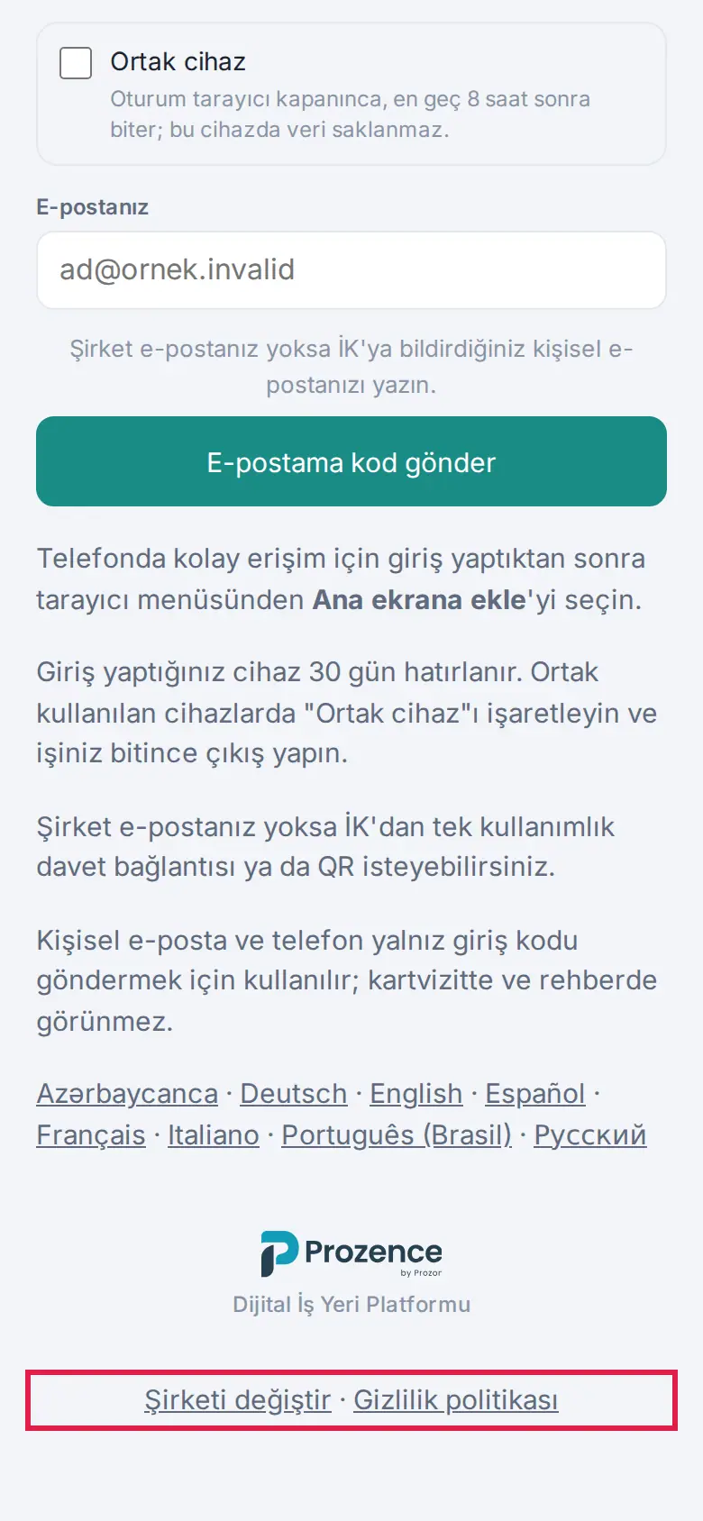 Uygulamadaki giriş ekranının altı: Şirketi değiştir · Gizlilik politikası