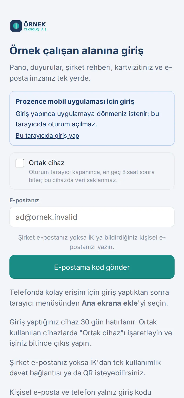 Tarayıcıdaki giriş sayfası: Prozence mobil uygulaması için giriş şeridi
