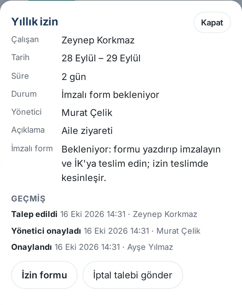 Geçmiş onaylı izin: İmzalı form bekleniyor, geçmiş, İzin formu ve İptal talebi gönder (İptal et yok)