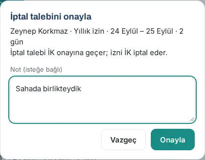 İptal talebini onayla penceresi: özet, İK onayına geçer notu, Not (isteğe bağlı), Vazgeç ve Onayla