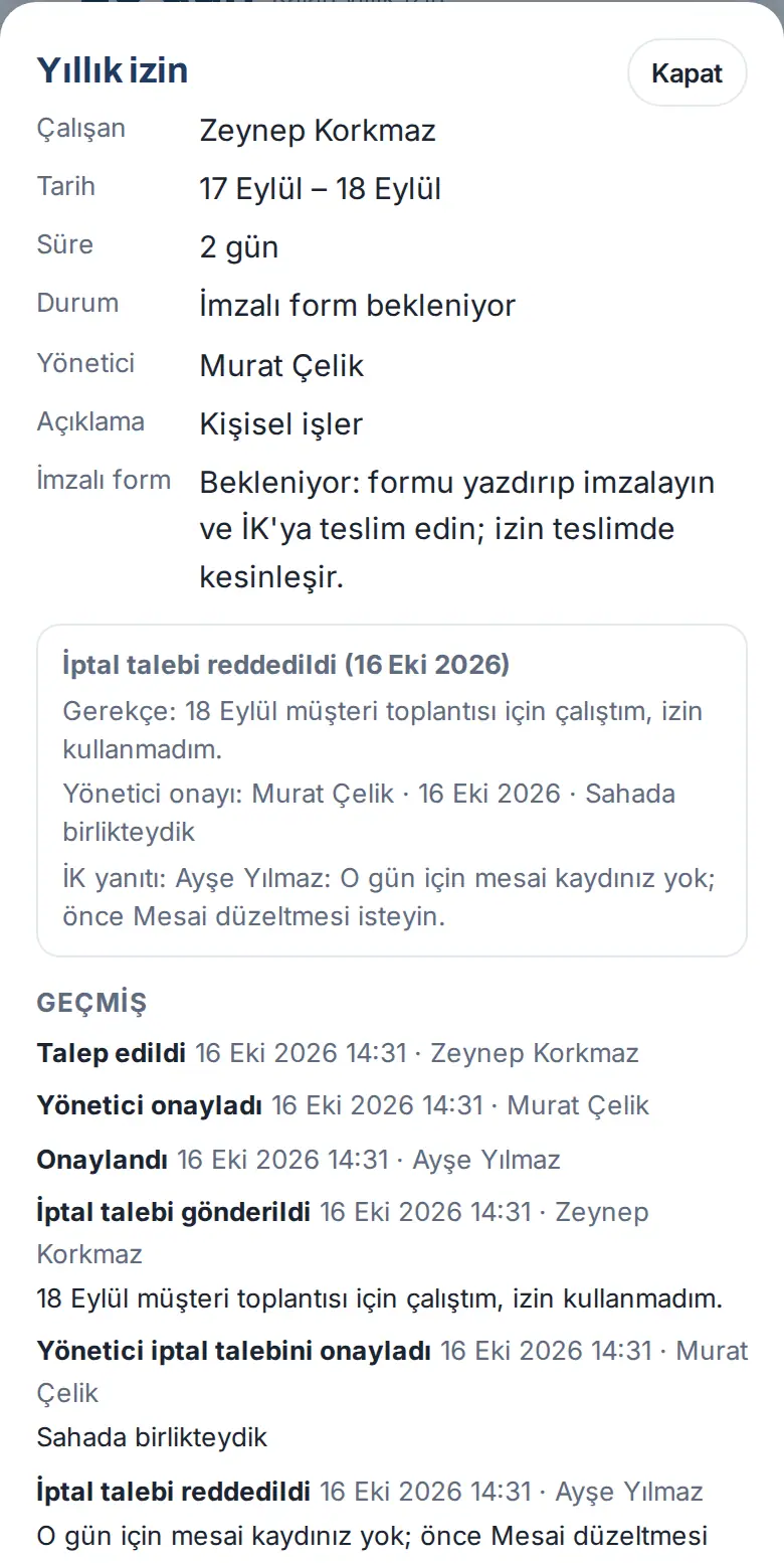 Reddedilen iptal talebi: İptal talebi reddedildi kutusu, gerekçe, Yönetici onayı ve İK yanıtı satırları, geçmiş